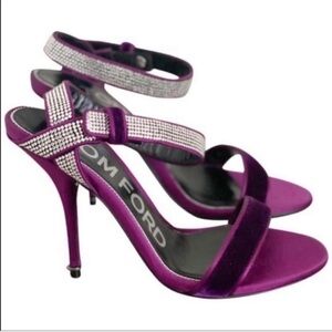 Tom Ford Purple Velvet Crystal-Embellished Ankle Strap Stiletto Sandals